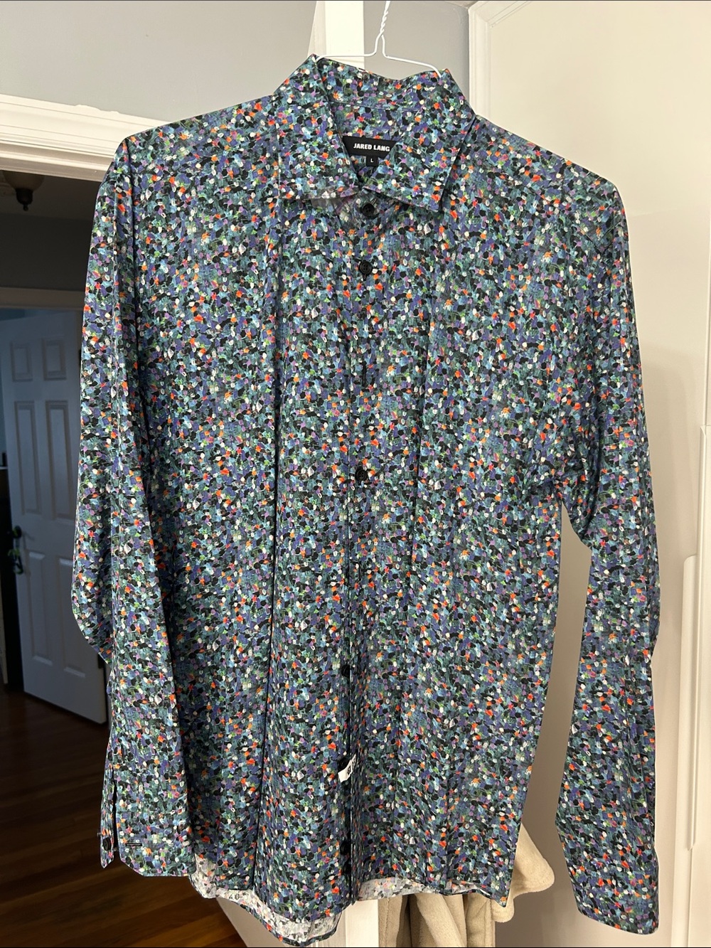 Jared Lang Blue Floral-Print Long Sleeve Dress Shirt